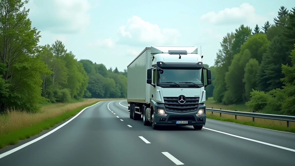 Lastwagen mit Waren auf europäischer Autobahn, grüne Landschaft, Grenze zwischen zwei EU-Ländern, klarer Tag, scharfer Fokus