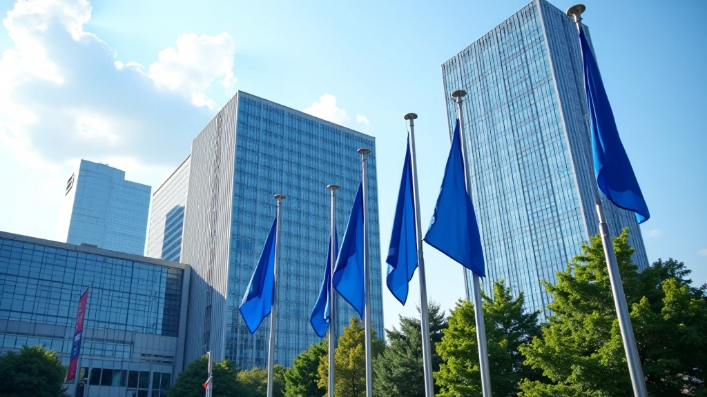 EZB-Gebäude in Frankfurt mit europäischen Flaggen, Architekturdetail