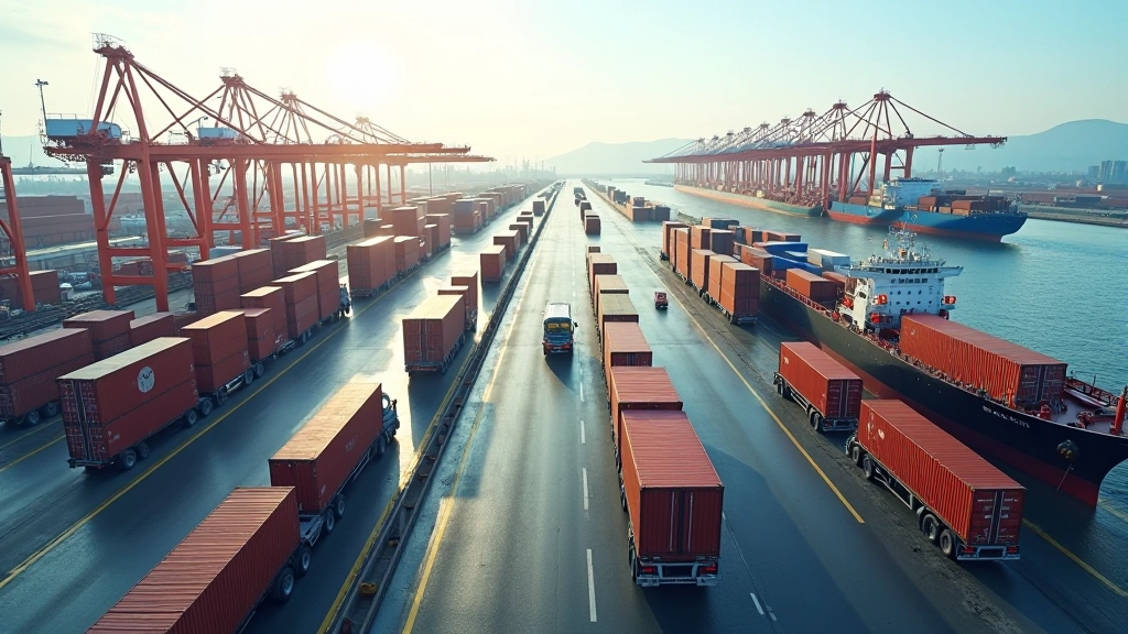 Hafenterminal mit Containerschiffen und Frachtlastwagen, zeigt internationalen Warenverkehr und Logistik zwischen Ländern