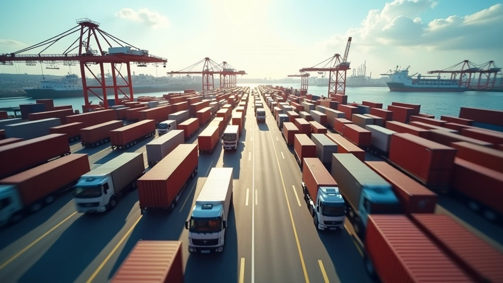 Modernes Containerhafen mit Frachtschiff und Lastwagen, internationale Logistik und Warenverkehr