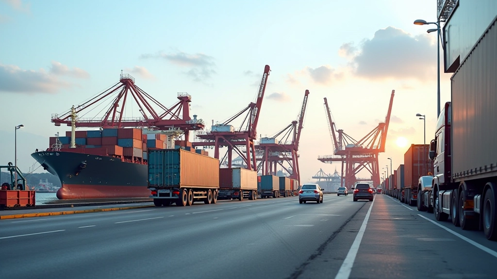 Containerhafen mit Frachtschiff und Lastwagen, internationale Logistik