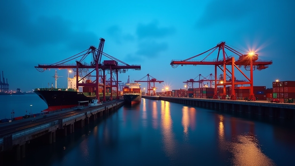 Industriehafen mit Containerladung und Frachtschiff, moderner Logistik-Terminal bei Sonnenuntergang