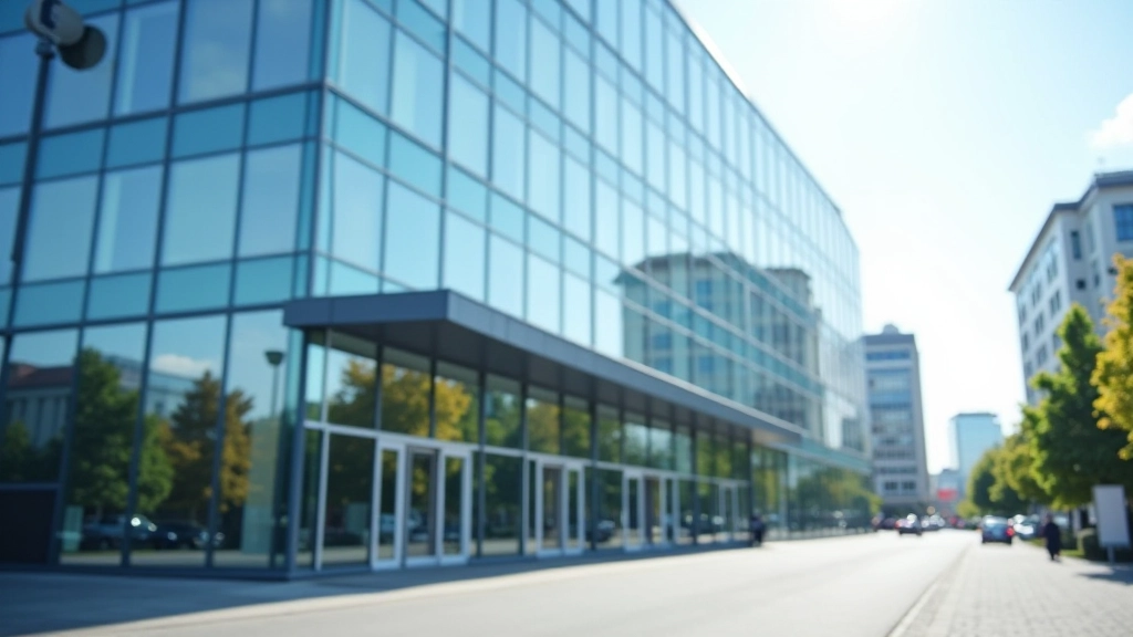 Europäische Geschäftszentrale mit modernem Design und Fensterfront, Büroumgebung mit natürlicher Beleuchtung