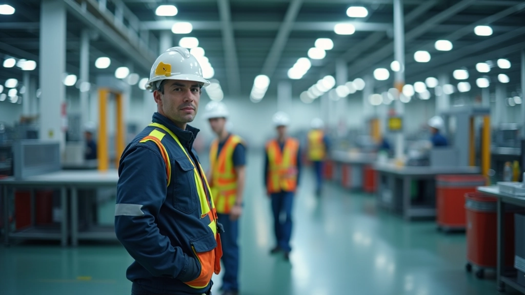Produktionshalle mit Fließband und Arbeitern, moderne Industriefabrik, Deutschland, blaues und silbernes Licht, scharfer Fokus